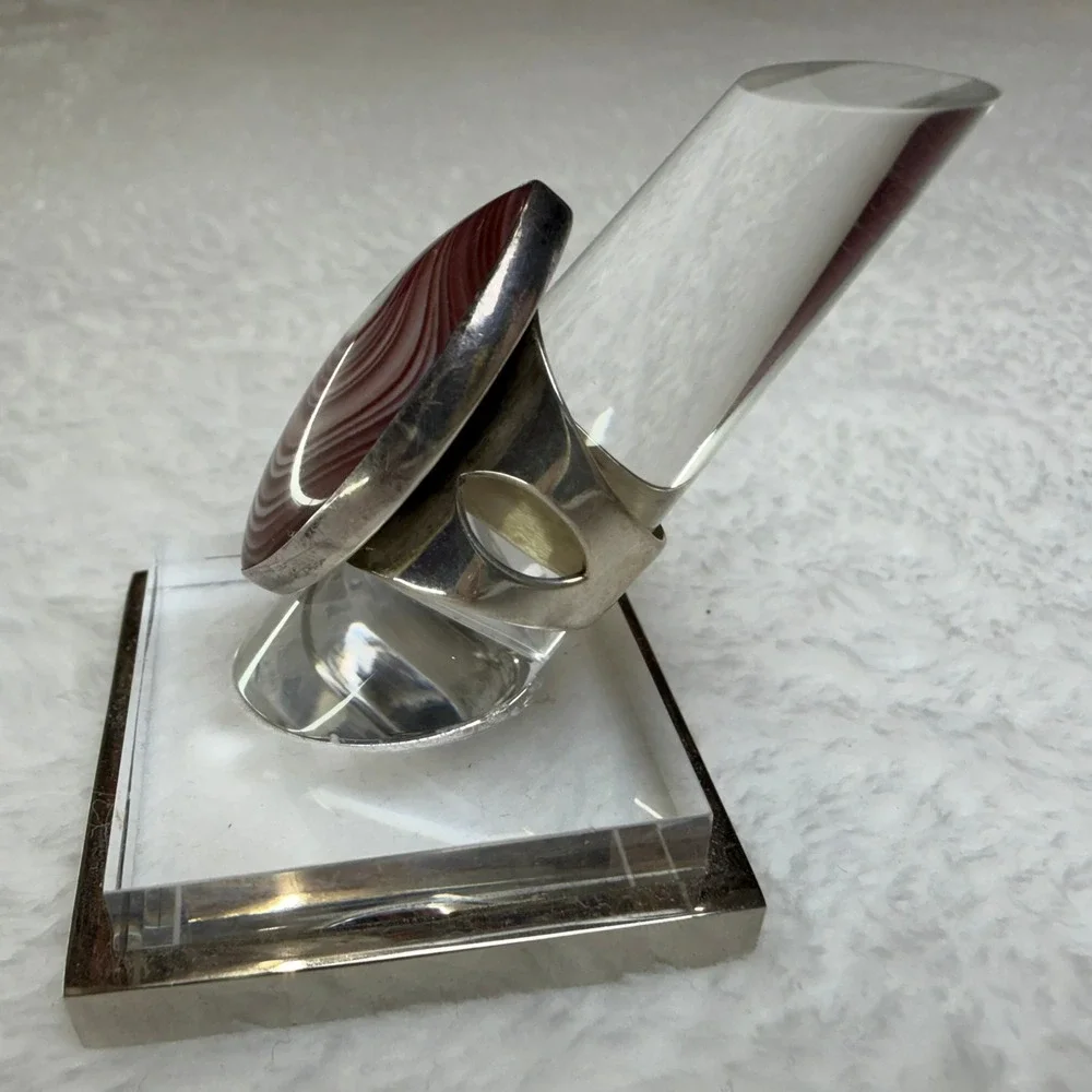 DRT Sterling Silver 925 Banded‎ Agate Marquise Statement Ring Size 6.25 Burgundy